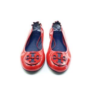 Tory Burch Classic Reva Ballet Flats Logo Medallion Red Patent Leather US 11